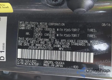 2016 Toyota 4Runner Sr5 Premium z USA, uszkodzony, nr VIN JTEBU5JR9G5371531